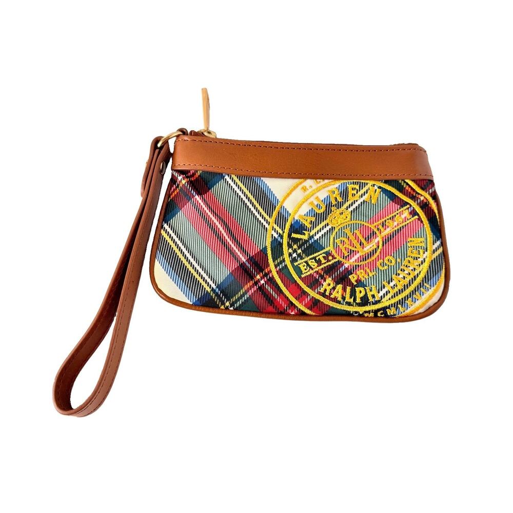 Lauren Ralph Lauren RL Polo Stewart Plaid Wristlet Brown Leather Accents Strap